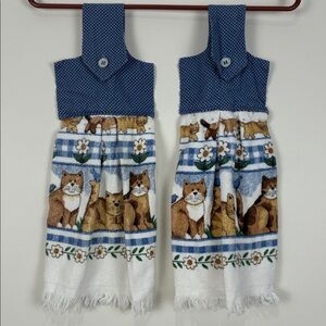 Cat Print Hanging Kitchen Towels (2) Button Top Blue Country Grandma